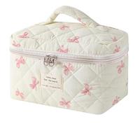 AMULOKRU 2 bolsas de maquillaje acolchadas de algodón coqueta, bolsa de maquillaje estética floral, bonita bolsa de maquillaje para mujeres y niñas, Blanco (White Bow), Coqueta, acolchada