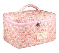 AMULOKRU 2 bolsas de maquillaje acolchadas de algodón coqueta, bolsa de maquillaje estética floral, bonita bolsa de maquillaje para mujeres y niñas, L-Rosa Floral, Floral, coqueta, edredón