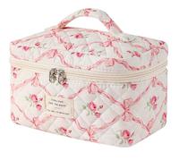 AMULOKRU 2 bolsas de maquillaje acolchadas de algodón coqueta, bolsa de maquillaje estética floral, bonita bolsa de maquillaje para mujeres y niñas, Rosa (Pink Bows), 1 Paquete , Floral