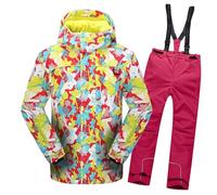 Amur Leopard Traje de Nieve Niños Conjunto de Nieve 2 Piezas Chaqueta con Capucha + Pantalones Traje de Esquí Niña Impermeable para Invierno, Amarillo + Rojo Rosa, 130/M/6-7 Años