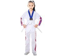 Amur Leopard Uniforme de Taekwondo Niñas con Cinturón Traje de Taekwondo Profesional para Karate Judo Entrenamiento, Cuello Azul, 140/10-11 Años