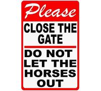 amusFlynnel Señal de advertencia con texto en inglés «Please Close The Gate Do Not Let Horses Out». Señal de seguridad para establos de caballos y pastos, señal de negocios, letrero de metal de