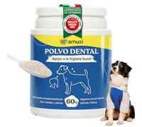 amusi Polvo Dental para Perros 60 g con Ascophyllum Nodosum y Menta - Apoyo Antisarro Perro y Cuidado Bucal Diario, Ayuda para Aliento Perros con Ingredientes Naturales
