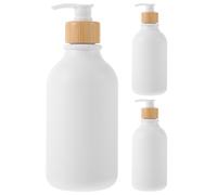 AMUSLESUR Botellas de Champú y Acondicionador Rellenables 500 Ml Pet Mate Antideslizante 3 Unidades Bomba y Tapa de Madera Clara para Baño y Cocina