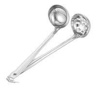 AMUSLESUR Cucharas para Servir de Cocina 2 Piezas Acero Inoxidable 201 con Gancho, Cucharón Ranurado y Colador Pequeños 6 Cm para Ollas Calientes y Servir Sopa