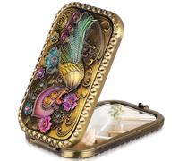 AMUSLESUR Espejo Compacto de Maquillaje Portátil Plegable de Metal Cobre Estilo Pavo Real Vintage, Mini Espejo Redondo Doble Cara para Bolsos y Viajes, Accesorio Cosmético de Bolsillo