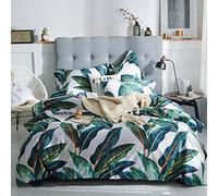 AMWAN Juego de Funda de edredón con diseño de Hojas Verdes Tropicales, tamaño Queen, Juego de Ropa de Cama Floral de algodón de Fibra Larga, Reversible, 3 Piezas, 1 Funda de edredón con 2 Fundas de