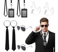Amycute 8 piezas de accesorios de disfraz de agente, accesorios de disfraz con gafas, corbata, auriculares, tarjetero, para vestir, rol, juego, película, fiesta, Halloween, cosplay