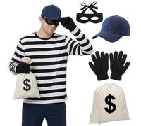 Amycute Celvibe - Disfraz de ladrón para hombre y adulto, 4 unidades, color blanco y negro, accesorios con sombrero, máscara negra, guantes, bolsa, carnaval, Halloween, fiesta de cosplay (estilo B