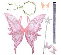 Amycute Disfraz de alas de hada con alas de mariposa, alas de princesa para mujer con orejas de elfo, corona de flores, alas de hadas, varita de hadas, para cumpleaños, Navidad, carnaval, cumpleaños