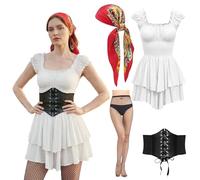 Amycute Disfraz de pirata medieval para mujer y adulto, vestido renacentista, juego corto con vestido medieval, corsé pirata, pañuelo para la cabeza, medias de red para carnaval, Halloween, disfraz de