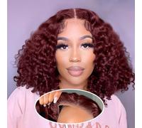 Amygirl Wear and Go - Peluca sin pegamento, precortada, estilo Bob 4x4, rizada, encaje frontal, pelucas de cabello humano de densidad del 180 %, para mujeres negras, borgoña, 10 pulgadas