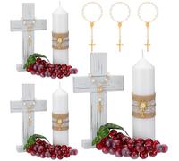 Amyhill Amy Hill - Juego de 3 velas de bautizo, centros de mesa de primera comunión, incluye velas Jhs, cruces de madera, uvas, rosario, decoración para boda, bautizo, primera comunión, bautizo,