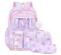 Amythe Mochila Escolar Niña Primaria 3 Piezas, Mochila para Niñas Kawaii con Colgante 6 a 12 Años, Mochilas Escolares Chica Impermeable e Ligera, 26L, Morado