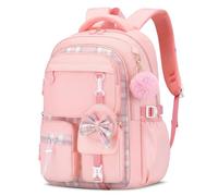 Amythe Mochila Escolar Niñas, Mochilas Primaria Niña Ergonómico Con Tiras Reflectantes, Mochila Casual Con Colgante Adorable, 20L, Adaptable A Cursos 1-5, Polvo a cuadros