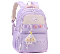 Amythe Mochila Escolar para Niñas, Mochila Colegio de Primaria con Bonito Colgante para Chicas 9 a 16 años, Mochilas Casual con Varios Compartimentos, Apta para Carrito, Morado