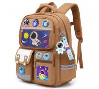 Amythe Mochila Niño 8-12 Años Primaria - Mochila Ergonómica Ligera con Bandas Reflectantes, Compartimento A4, Oxford 300D - Diseño Astronauta - Regalo Vuelta al Cole -Marrón