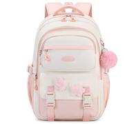 Amythe Mochila para niña, mochila escolar para 3 y 5 clases, mochila infantil grande con pompones y insignia de estrellas, mochila escolar ligera para adolescentes con cinta de trolley, Rosa