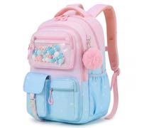 Amythe Mochila para Niñas, Mochila Escolar Niña Ergonómica con Rayas Reflexivas, Mochila Primaria Infantil de Ocio con Lindo pompón para Escuela y Viajes, 20L, Azul-Rosa
