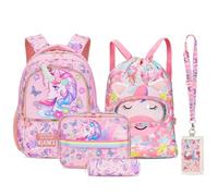 Amythe Set de Mochila Escolar para Niña 6 8-10 Años, 5 PCS Mochilas Bonito con Estuche, Bolsa de Almuerzo, Bolso Deportivo y Cartera, Mochila Colegio Niña Impermeable y Ligera, Rosa