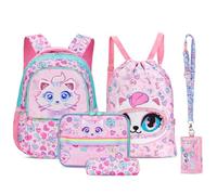 Amythe Set de Mochila Escolar para Niña 6 8-10 Años, 5 PCS Mochilas Bonito con Estuche, Bolsa de Almuerzo, Bolso Deportivo y Cartera, Mochila Colegio Niña Impermeable y Ligera, Rosa