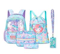 Amythe Set de Mochila Escolar para Niña 6 8-10 Años, 5 PCS Mochilas Bonito con Estuche, Bolsa de Almuerzo, Bolso Deportivo y Cartera, Mochila Colegio Niña Impermeable y Ligera, Sirena