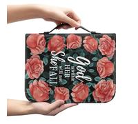 Amzbeauty Funda de piel sintética con cremallera para mujer, diseño vintage de rosas con texto en inglés "God is Within Her She Will Not Fall", funda para la Biblia con asa para adultos