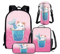 Amzbeauty Mochila escolar 4 en 1 y bolsa de almuerzo, caja para lápices, soporte para botella de agua, juego de mochila para niños, juego de regalo de regreso a clases, gato