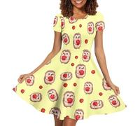 Amzbeauty Vestidos de verano para mujer, de manga corta, cuello redondo, casual, con vuelo, hasta la rodilla, Manzana erizo amarillo, XXL