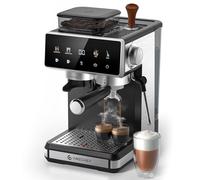 AMZCHEF Cafetera express con molinillo, cafetera espresso 20 bar para casa con vaporizador de leche, 3 niveles de temperatura, 20 ajustes de molienda, función de café frío y caliente, pantalla táctil