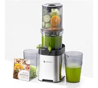 AMZCHEF Exprimidor de prensa en frío, exprimidores lentos con canal de alimentación grande de 118 mm para frutas y verduras enteras, exprimidor de acero inoxidable duradero, taladro de corte
