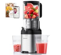 AMZCHEF Exprimidor lento con orificio de 135 mm para frutas y verduras enteras - Fácil de limpiar con 2 vasos - Plata