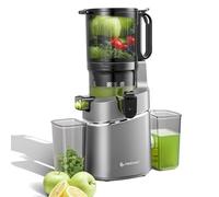 AMZCHEF Slow Juicer Extractor de zumo de frutas y verduras para frutas enteras, apertura XXL 135 mm, sin BPA con libro de recetas - recipiente 1,8L, triple filtro, gris