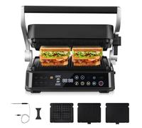 AMZCHEF XL Grill de Contacto 4-en-1 con Sensor de Temperatura & GrillBoost 280 °C - Parrilla eléctrica 2000 W con 6 programas, 2 zonas, 4 placas antiadherentes - Bistec, Gofres, Paninis, Sándwiches