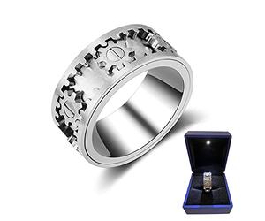 AMZCOM Anillo Giratorio antiestres para Hombre y Mujer, Spinner Fidget Ring Acero Inoxidable, Anillo Giratorio de Engranajes mecánicos, Joyería de Moda con Caja de Regalo