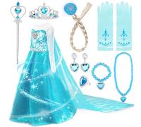 Amzeeniu Disfraz de Princesa Elsa - 11 Piezas Con Accesorios de Cosplay, Corona, Varita Para Niña - Halloween, Cumpleaños, Carnaval (110)
