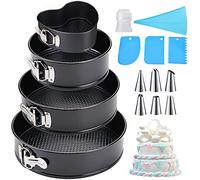 Amzeeniu - Molde con bisagras, juego de 4 11/18/23/26 cm, molde redondo profesional y utensilios de cocina, fondo extraíble antiadherente con kit de 8 boquillas pastelería y 3 pasteles, negro