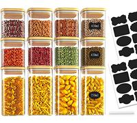 Amzeeniu Tarros de Cristal con Tapa 12pcs,430ml/750ml Botes, Especias, de Vidrio Cocina Almacenaje, Hermeticos Frascos para Cereales Granos Pasta- Cuadrados