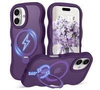 Amzfield Funda magnética para iPhone 16 Plus con soporte, soporte magnético giratorio de 360°, compatible con MagSafe, bonito marco ondulado translúcido mate, parte trasera dura, carcasa de silicona a
