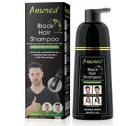 Amzsea Champú Tinte Negro Semi-Permanente para Canas, para Mujeres y Hombres, Ingredientes Herbales y Sin Amoniaco, 3 en 1 100% Cobertura de Canas (14 Fl oz) (Botella Negra)
