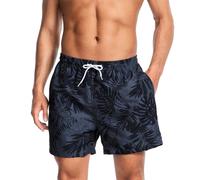 AMZSPORT Bañador Hombre Corto Shorts de baño Impermeables Bermudas con Forro de Malla y Bolsillos, Negro Follaje S