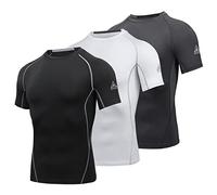 AMZSPORT Camiseta de Compresión de Manga Corta para Hombre Camiseta de Secado Rápido para Gimnasia y Carrera, 3 Paquetes, Negro, Blanco, Gris XL