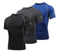 AMZSPORT Camiseta de Compresión de Manga Corta para Hombre Camiseta de Secado Rápido para Gimnasia y Carrera, 3 Paquetes, Negro, Gris, Azul XL