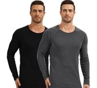 AMZSPORT Camiseta Termica Hombre de Manga Larga Cálida Interior Cuello Redondo Capa Base, 2 Pack Negro Gris XL