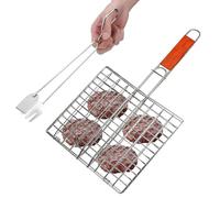 AMZsystems Parrilla de Barbacoa con Pinzas, Acero Inoxidable,25x25 cm, Canasta de Asado Portátil Universal con Mango de Madera para Carne, Pescado, Marisco, Verdura