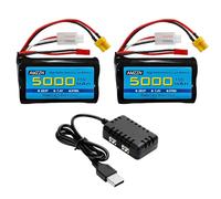 AMZZN 2 baterías de Iones de Litio de 7,4V 5000mAh 2S con Enchufe JST y Enchufe XT30, Equipado con Cargador 2 en 1, Apto para Mando a Distancia TX16S, TX18S, RC4GS, TX12