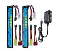 AMZZN 2 baterías de iones de litio SM-2P de 7.4 V 10C 3000 mAh con cargador 2 en 1 para SRB1200 SRB400 SRB400-SUB MP5K M4 M110 Airsoft Gel Droplet Blaster, batería de respaldo para dron de coche RC