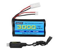 AMZZN 7.4V 3000mAh 15C 2S Mini Tamiya Enchufe de Iones de Litio con Cargador USB, Apto para UDI009 UDI902 UDI002 AA102 feilun FT009 RC Nave; batería del Modelo de lancha rápida de Alta Velocidad