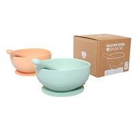 ana baby Juego de 2 cuencos de silicona con ventosa y cuchara a juego, color verde claro y melocotón, sin BPA, apto para lavavajillas, microondas y congelador
