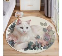ANALTIRCE Alfombra de Lindos Animales Animados Alfombra Redonda Habitación Infantil, Antideslizante Alfombras, 100cm Suave y Cómoda Alfombras Estampada Acuarela Gato Hojas, Blanco